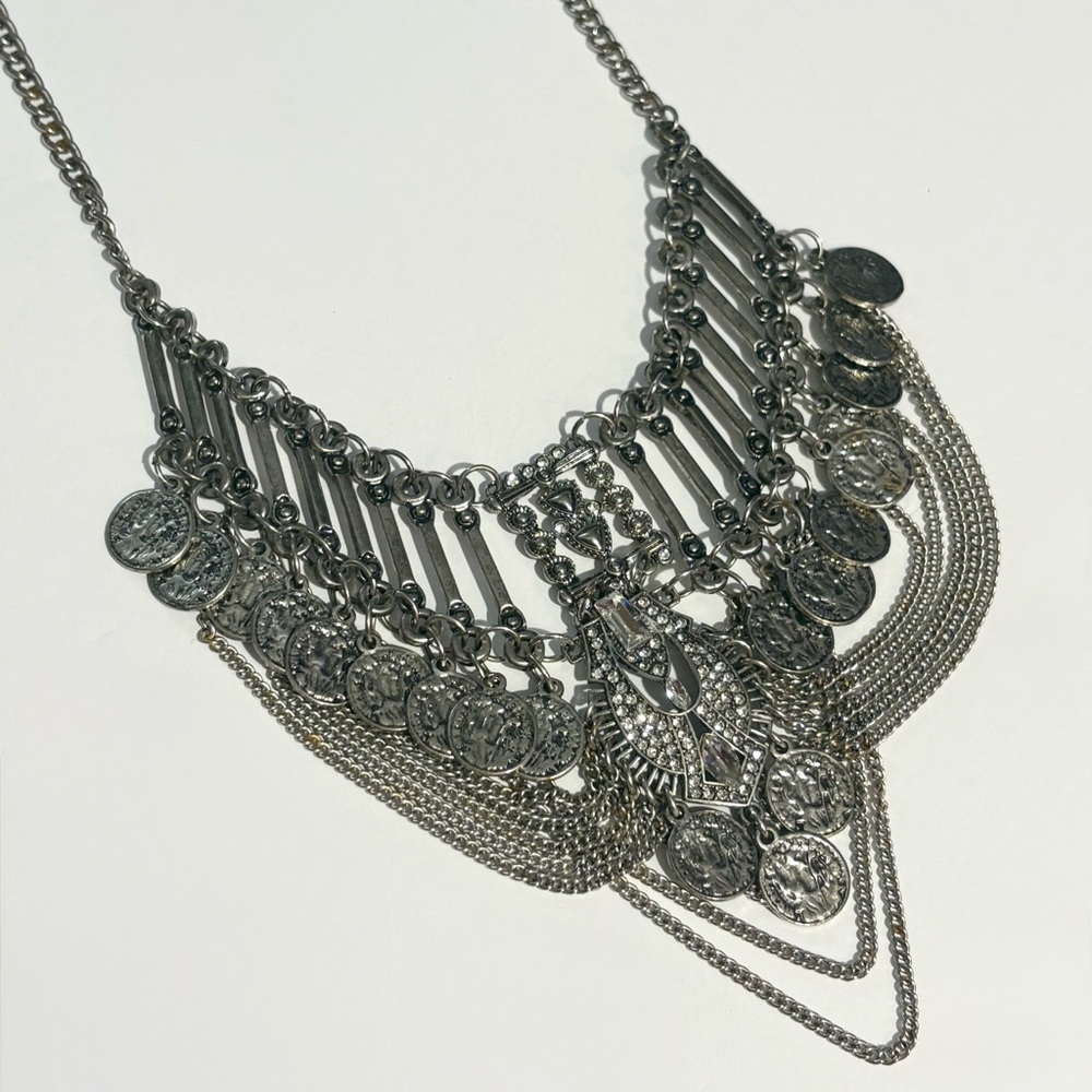 Vintage Multilayer Silver Plated Bohemian Coin Tassel Link Choker Necklace